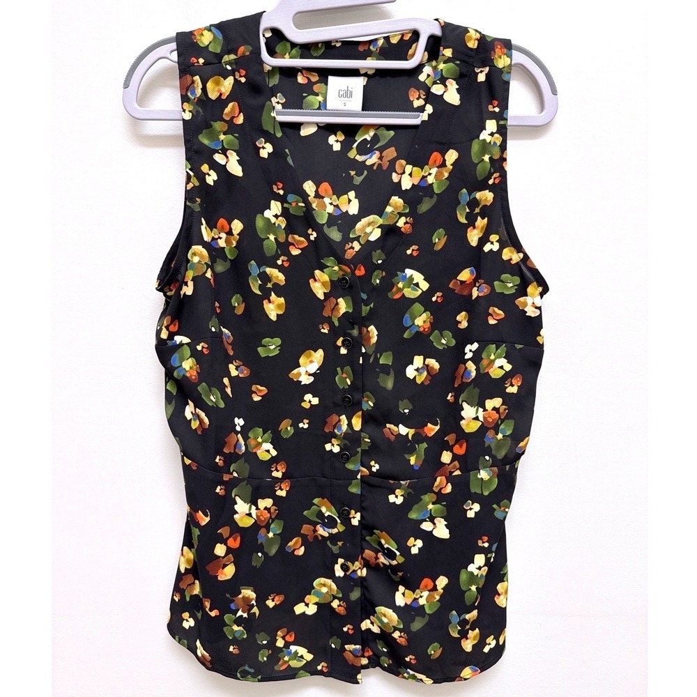 Cabi Floral Button Front‎ Peplum Blouse Women Size S Black Casual Boho Summer